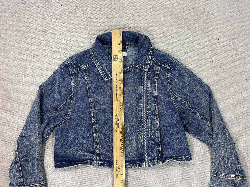 Y2K Forever 21 Jacket Womens XS Blue Acid Wash Cropped Denim Moto Asymmetrical - Picture 7 of 13